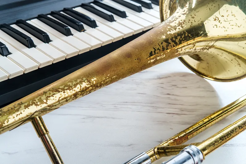 金属部分がサビている楽器の例
